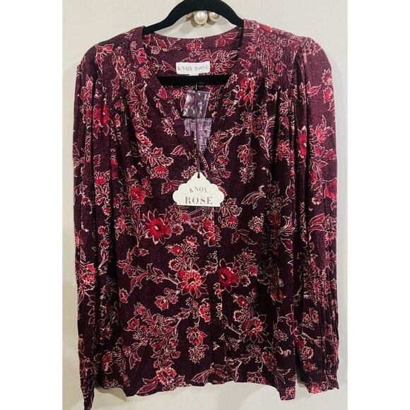 New! Knox Rose🌹Large Blouse Boho Wine Floral Long Sleeve Super Soft Womens NWT - Picture 1 of 6